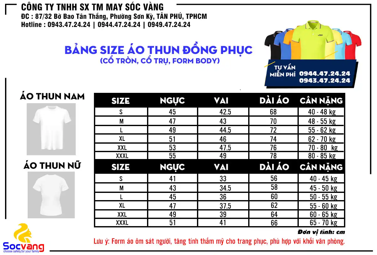 Bảng size may đồng phục áo thun tiêu chuẩn